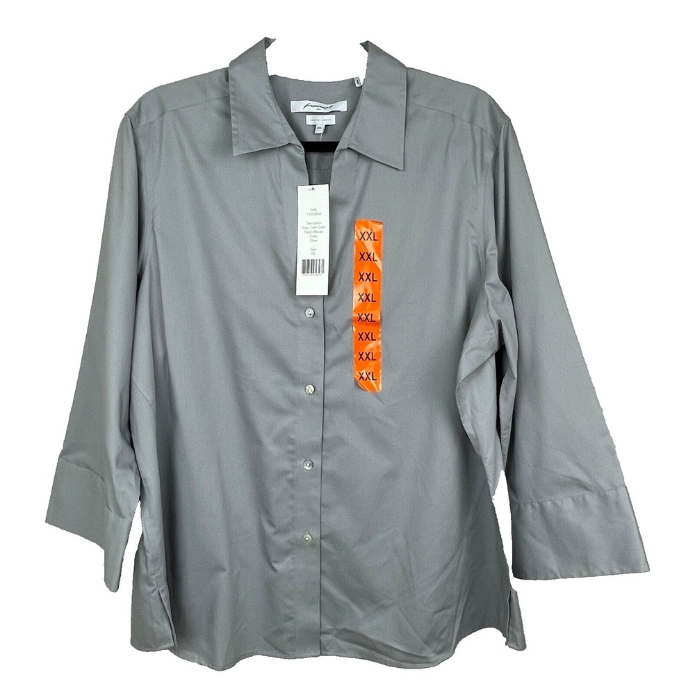 Foxcroft Top Womens XXL Silver Non Iron Stretch Poplin Blouse Shirt Cotton NEW